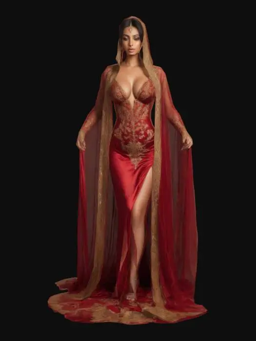 3D model for a stunning Arabian woman in a natural A-pose. She has a voluptuous hourglass figure with an ample bust, a narrow waist, and thick thighs. She wears a deep red satin dress with golden embroidery, a plunging neckline, sheer sleeves, and a high slit. A sheer red veil drapes over her dark, wavy hair. She completes the look with golden jewelry, henna-adorned hands, and strappy heels, #valentine#