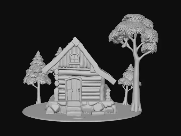 3D model for Stylized medieval forest cabin designed as a standalone 3D model. Simple wooden cabin with a stone foundation, a slanted roof, and a small door and window. No vegetation, no trees, no vines, and no surrounding objects. Avoid small, thin, or aerial details; no hanging cloth, ropes, or loose decorations. All parts are thick, compact, and firmly attached for tabletop durability. Cartoon medieval style, clean geometry, watertight mesh for 3D printing, neutral lighting, transparent background.