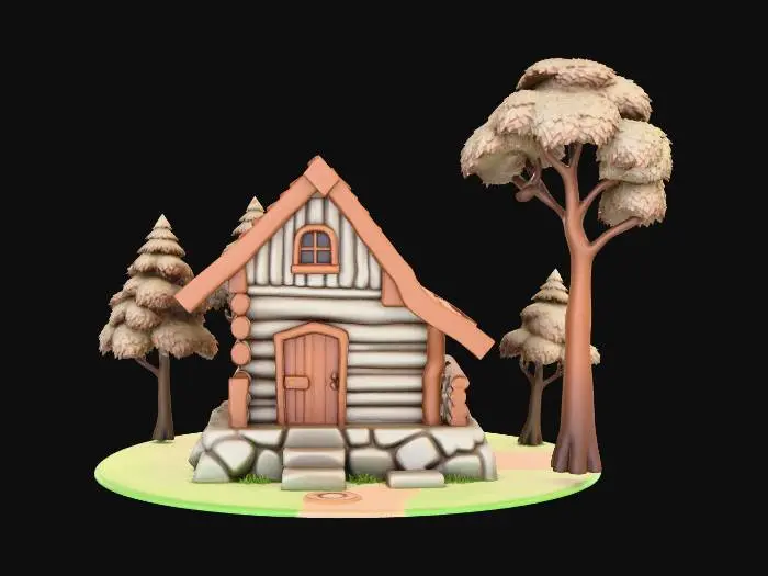 3D model for Stylized medieval forest cabin designed as a standalone 3D model. Simple wooden cabin with a stone foundation, a slanted roof, and a small door and window. No vegetation, no trees, no vines, and no surrounding objects. Avoid small, thin, or aerial details; no hanging cloth, ropes, or loose decorations. All parts are thick, compact, and firmly attached for tabletop durability. Cartoon medieval style, clean geometry, watertight mesh for 3D printing, neutral lighting, transparent background.