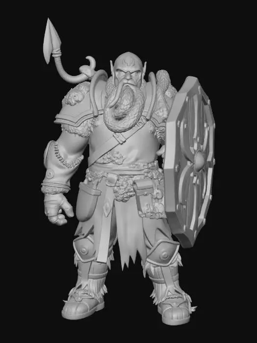 3D model for A stylized medieval forest tank character designed as a standalone board game miniature. This character represents a heavily armored allied unit with a strong connection to nature and protection.

The tank has a bulky, powerful silhouette with exaggerated proportions, including broad shoulders, thick limbs, and a wide stance to convey strength and durability. The armor is inspired by the forest, combining thick wooden plates, reinforced bark-like textures, and large stone or metal elements.

Natural details such as leaf motifs, vine engravings, and moss accents are integrated into the armor design, but kept bold and simplified. The color palette is primarily green with earthy browns and muted stone tones.

The character carries a large shield made of wood and stone, oversized for a heroic