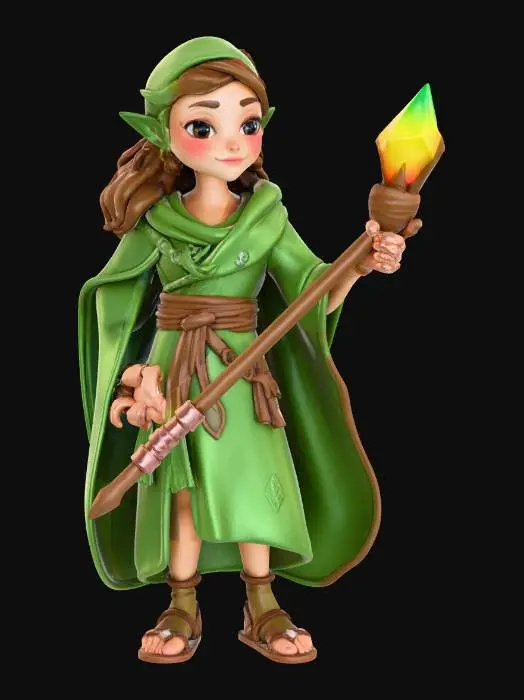 3D model for A stylized medieval forest healer character designed as a standalone board game miniature. The character represents a supportive allied unit connected to nature and magic.

The healer wears flowing green robes with simple armor elements, decorated with leaf motifs and natural symbols. The design includes wooden accessories, cloth belts, and subtle vine details.

The character holds a thick wooden staff topped with a glowing crystal or leaf-shaped emblem, designed with chunky proportions suitable for tabletop scale. The pose is calm and balanced, avoiding thin or fragile parts.

Facial features are friendly and serene, with a wise and gentle expression. Proportions are slightly exaggerated in a cartoon style for clarity and readability.

Style: stylized cartoon medieval, forest-themed, boar