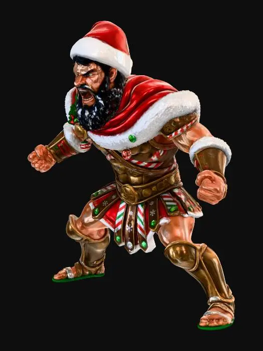 3D model for Using the attached image as a reference, create a highly detailed Christmas-themed cartoon illustration of Leonidas from the movie 300. He should be in a dynamic, power-stance pose similar to the reference image, with exaggerated heroic proportions and expressive facial features. Leonidas is shouting the phrase ‘THIS IS CHRISTMAS!’ in bold, stylized cartoon text.

Dress him in festive holiday gear—such as a red Spartan-style cape with white fur trim, Christmas-themed armor, and maybe a Santa hat slightly tilted but still fierce. Snow should be falling dramatically around him, with a bright, glowing winter background reminiscent of a stylized battleground turned into a festive scene.