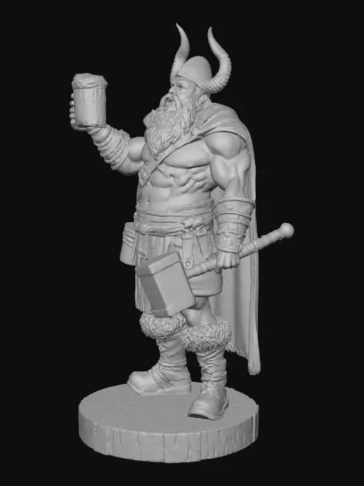 3D model for A highly detailed 3D figurine of a muscular Viking warrior with a long beard and horned helmet. He’s standing on a platform, holding a frothy beer stein in one hand and a heavy warhammer in the other, shouting fiercely with a triumphant expression.