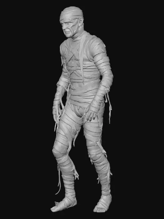 3D model for A cinematic, high-detail illustration of a classic movie mummy from the Golden Age of horror. The mummy is a tall, gaunt humanoid wrapped in aged, tattered linen bandages, yellowed with time and dust, revealing sunken eyes that glow faintly with an ancient curse. Its posture is slow, stiff, and ominous, evoking early black-and-white monster films.
The setting is an ancient Egyptian tomb lit by flickering torchlight, with stone hieroglyph-covered walls, broken sarcophagi, drifting sand, and hanging cobwebs. The atmosphere is moody and dramatic, with deep shadows, soft fog, and a sepia-toned color palette reminiscent of 1930s cinema.
The mummy’s wrappings are frayed and layered, with subtle cracks in desiccated skin visible beneath.