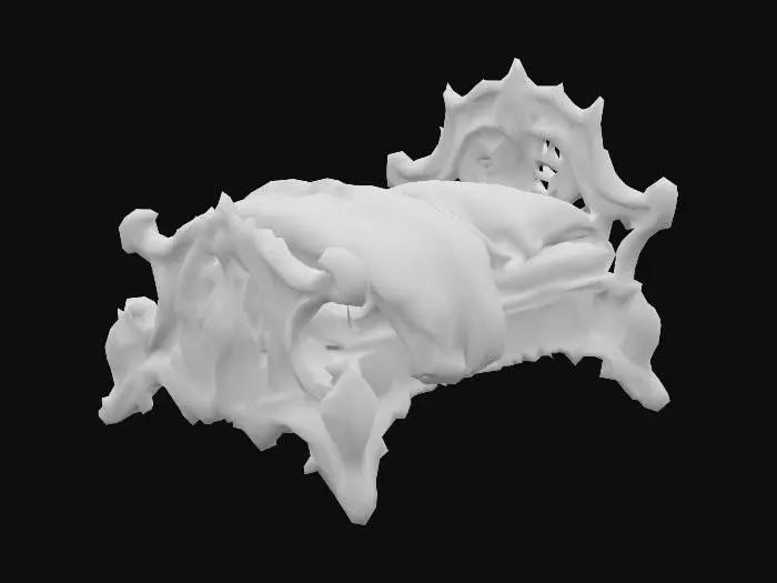 3D model for Design a biomechanical bed with organic and plant like elements. Include glowing green, pink, and red energy veins, pulsating lights. Add intricate carvings and textures that blend flesh and metal seamlessly all in the shapes of cob webs covering it