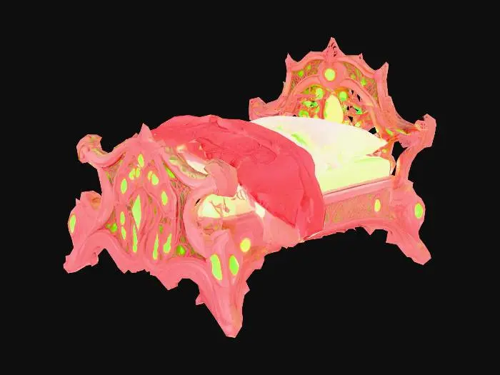 3D model for Design a biomechanical bed with organic and plant like elements. Include glowing green, pink, and red energy veins, pulsating lights. Add intricate carvings and textures that blend flesh and metal seamlessly all in the shapes of cob webs covering it