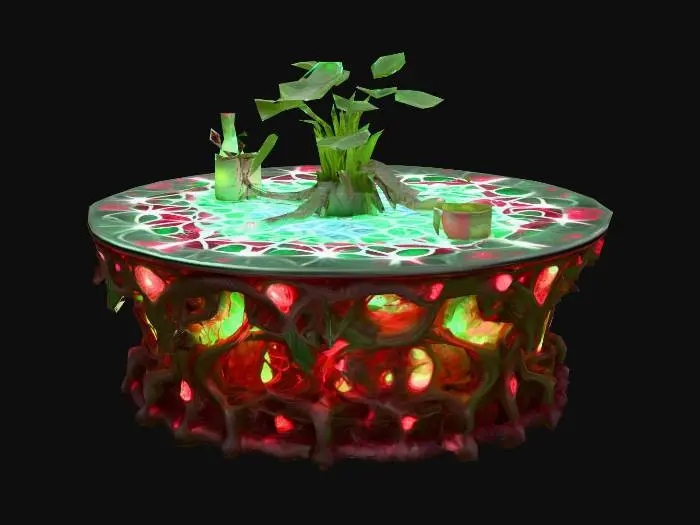 3D model for Design a  biomechanical table with organic and plant like elements. Include glowing green, pink, and red energy veins, pulsating lights. Add intricate carvings and textures that blend flesh and metal seamlessly all in the shapes of cob webs covering it