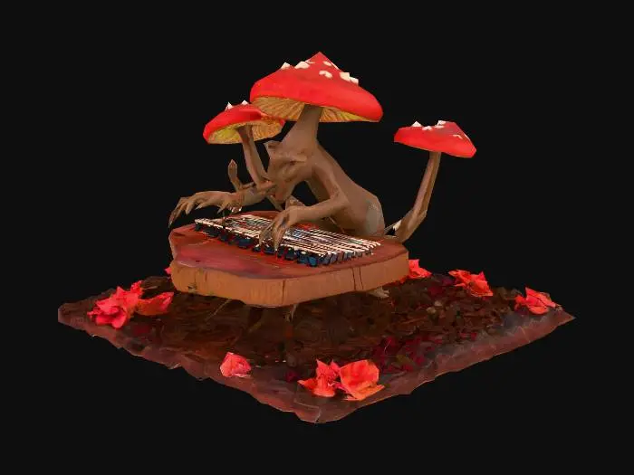 3D model for Drow mushroom Traditional magical Xylophone, 8 bar Notes 11 inch. Thai marimbas, Reddish and organic.  Detailed with symbols of spiders
