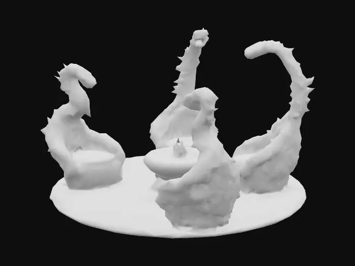 3D model for Design a  biomechanical patio set with organic and mechanical elements. Include glowing flesh, red, pink, and red energy veins, pulsating lights. Add intricate carvings and textures that blend flesh and metal seamlessly all in the shapes of cob webs covering it