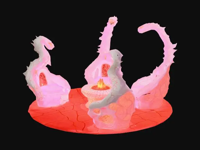 3D model for Design a  biomechanical patio set with organic and mechanical elements. Include glowing flesh, red, pink, and red energy veins, pulsating lights. Add intricate carvings and textures that blend flesh and metal seamlessly all in the shapes of cob webs covering it