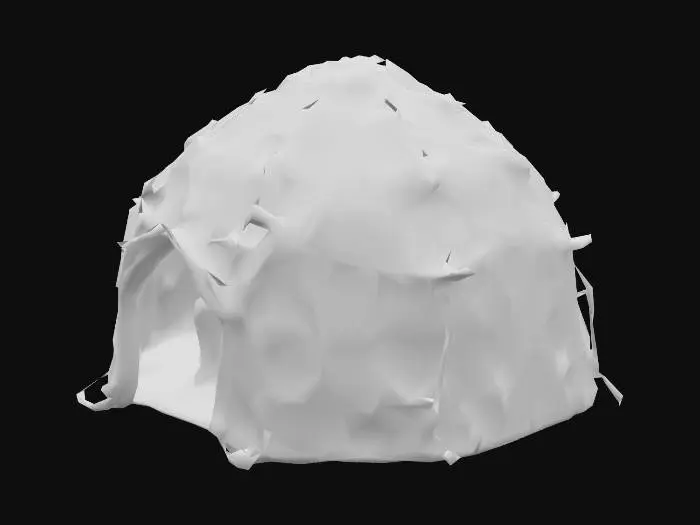 3D model for Design a biomechanical DROW style outdoor camping tent, with organic and mechanical elements. Include glowing red, pink, and orange energy veins, pulsating lights. Add intricate carvings and textures that blend flesh and metal seamlessly all in the shapes of cob webs covering it