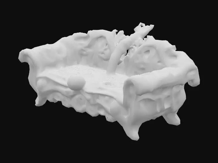 3D model for Design a couch with organic and plant elements. Include glowing green, black, and red energy veins, pulsating lights. Add intricate carvings and textures that blend flesh and metal seamlessly all in the shapes of cob webs covering it