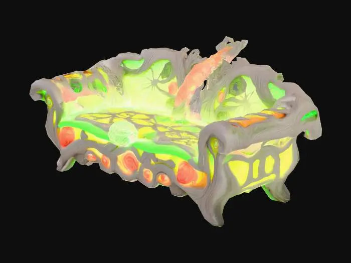 3D model for Design a couch with organic and plant elements. Include glowing green, black, and red energy veins, pulsating lights. Add intricate carvings and textures that blend flesh and metal seamlessly all in the shapes of cob webs covering it