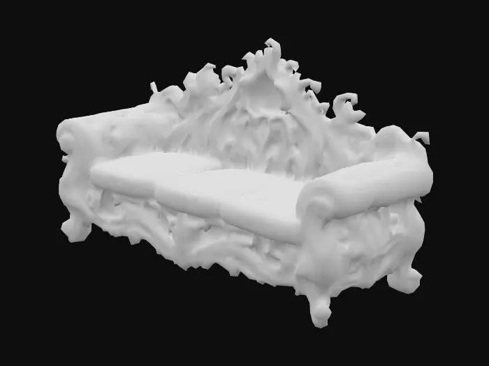 3D model for Design a couch with organic and plant elements. Include glowing green, black, and red energy veins, pulsating lights. Add intricate carvings and textures that blend flesh and metal seamlessly all in the shapes of cob webs covering it