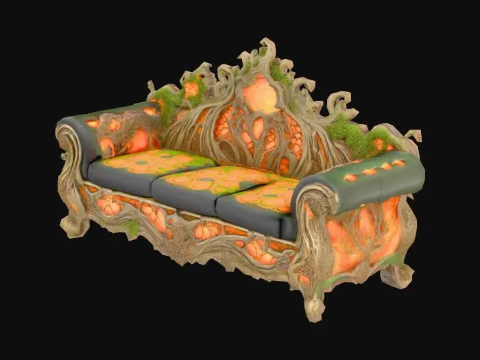 3D model for Design a couch with organic and plant elements. Include glowing green, black, and red energy veins, pulsating lights. Add intricate carvings and textures that blend flesh and metal seamlessly all in the shapes of cob webs covering it