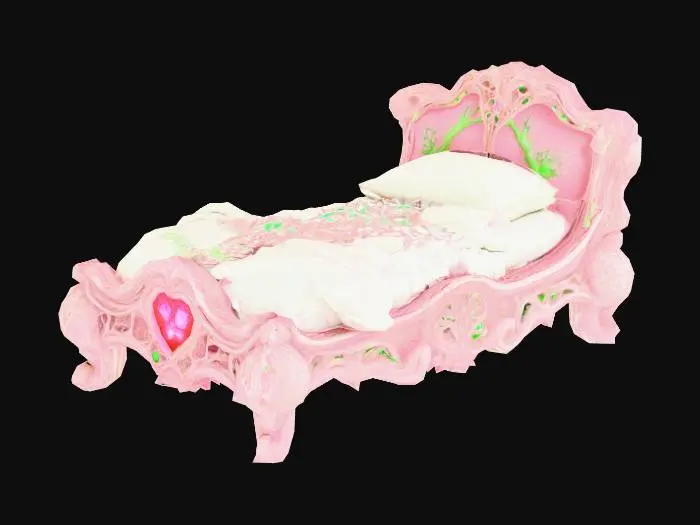 3D model for Design a  biomechanical bed with organic and plant like elements. Include glowing green, pink, and red energy veins, pulsating lights. Add intricate carvings and textures that blend flesh and metal seamlessly all in the shapes of cob webs covering it