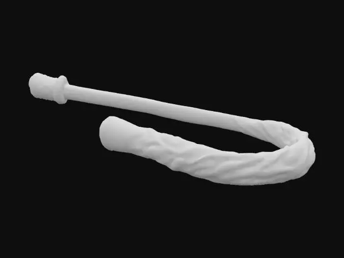 3D model for An elegant, thin whip crafted from interwoven strands of dark, polished wood and shimmering silver wire. The wooden segments are a deep ebony, finely carved and smooth, while the silver strands add a cool, slightly textured, metallic gleam. Its handle is a smooth, ergonomic spiral, providing a balanced grip, and the whole piece feels surprisingly light and incredibly flexible.