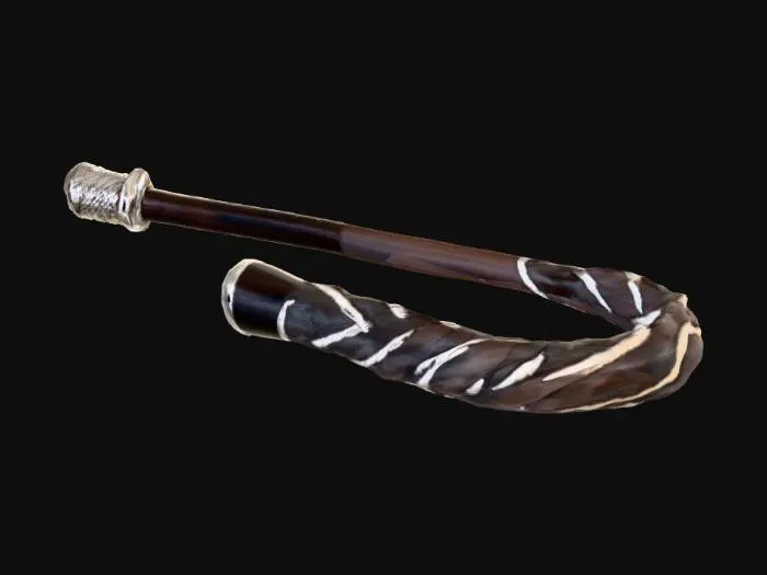 3D model for An elegant, thin whip crafted from interwoven strands of dark, polished wood and shimmering silver wire. The wooden segments are a deep ebony, finely carved and smooth, while the silver strands add a cool, slightly textured, metallic gleam. Its handle is a smooth, ergonomic spiral, providing a balanced grip, and the whole piece feels surprisingly light and incredibly flexible.