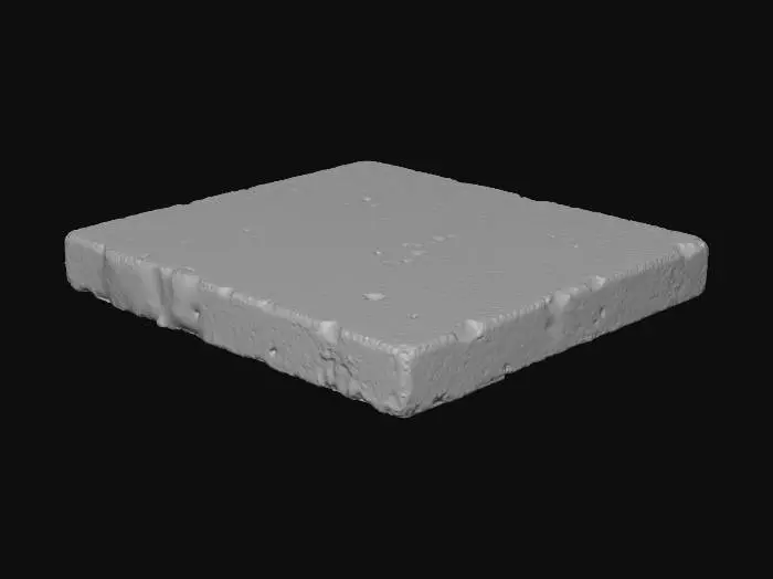 3D model for A substantial sandstone floor slab, measuring 2x2x0.1 meters, forms a broad, relatively thin planar surface. Its color is a warm, earthy ochre, typical of sandstone, with subtle variations in tone. The surface exhibits a slight camber, giving it a gentle, almost imperceptible curve. A fine layer of pale dust has settled unevenly across its gritty, coarse texture, making it feel dry and slightly abrasive to the touch, while the overall structure remains solid and unyielding.