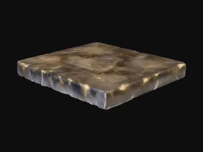 3D model for A substantial sandstone floor slab, measuring 2x2x0.1 meters, forms a broad, relatively thin planar surface. Its color is a warm, earthy ochre, typical of sandstone, with subtle variations in tone. The surface exhibits a slight camber, giving it a gentle, almost imperceptible curve. A fine layer of pale dust has settled unevenly across its gritty, coarse texture, making it feel dry and slightly abrasive to the touch, while the overall structure remains solid and unyielding.