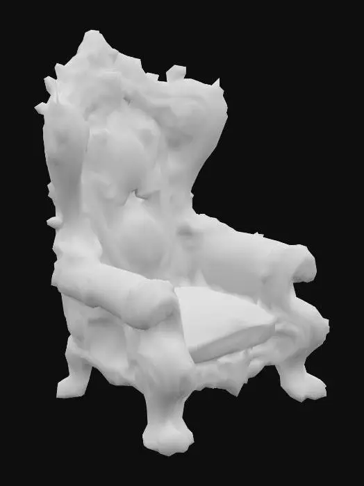 3D model for Design a chair with organic and plant like elements. Include glowing green, pink, and red energy veins, pulsating lights. Add intricate carvings and textures that blend flesh and metal seamlessly all in the shapes of cob webs covering it