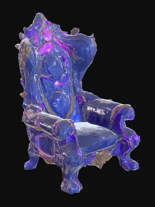 3D model for Design a chair with organic and plant like elements. Include glowing green, pink, and red energy veins, pulsating lights. Add intricate carvings and textures that blend flesh and metal seamlessly all in the shapes of cob webs covering it
