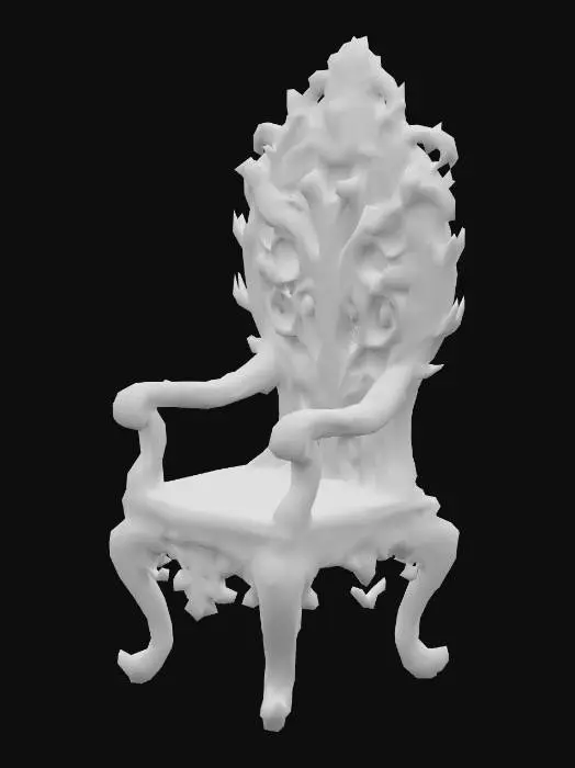 3D model for Design a chair with organic and plant like elements. Include glowing green, brown, and tan energy veins, pulsating lights. Add intricate carvings and textures that blend flesh and metal seamlessly all in the shapes of cob webs covering it