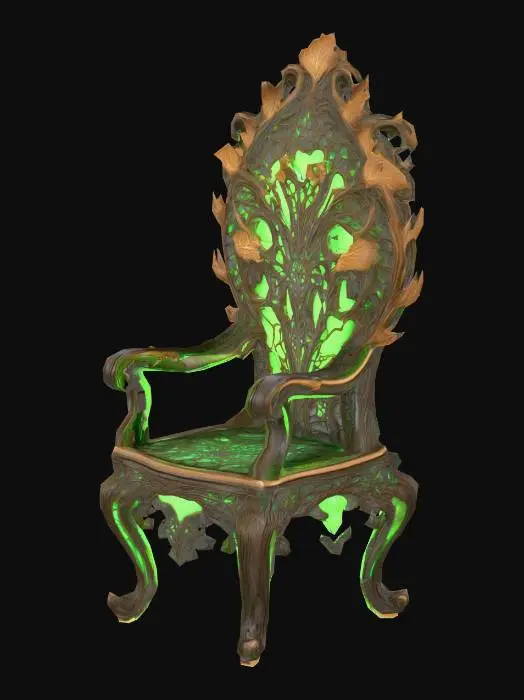 3D model for Design a chair with organic and plant like elements. Include glowing green, brown, and tan energy veins, pulsating lights. Add intricate carvings and textures that blend flesh and metal seamlessly all in the shapes of cob webs covering it