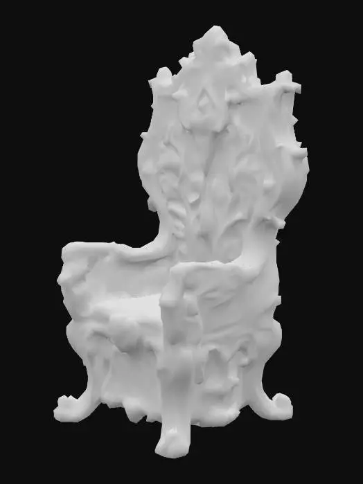 3D model for Design a chair with organic and plant like elements. Include glowing green, pink, and red energy veins, pulsating lights. Add intricate carvings and textures that blend flesh and metal seamlessly all in the shapes of cob webs covering it