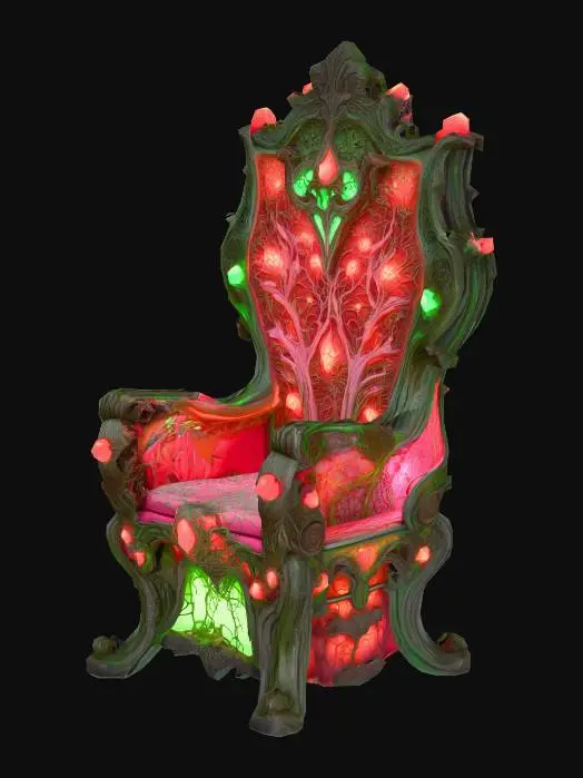 3D model for Design a chair with organic and plant like elements. Include glowing green, pink, and red energy veins, pulsating lights. Add intricate carvings and textures that blend flesh and metal seamlessly all in the shapes of cob webs covering it