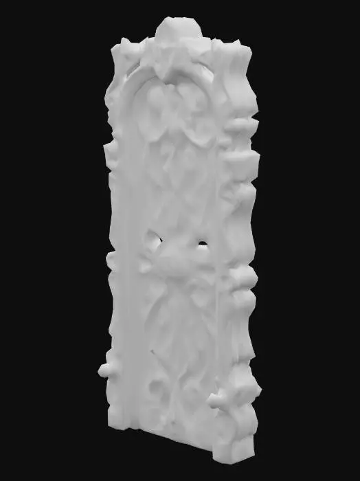 3D model for Design a  biomechanical door with organic and mechanical elements. Include glowing flesh, Red, pink, and red energy veins, pulsating lights. Add intricate carvings and textures that blend flesh and metal seamlessly all in the shapes of cob webs covering it