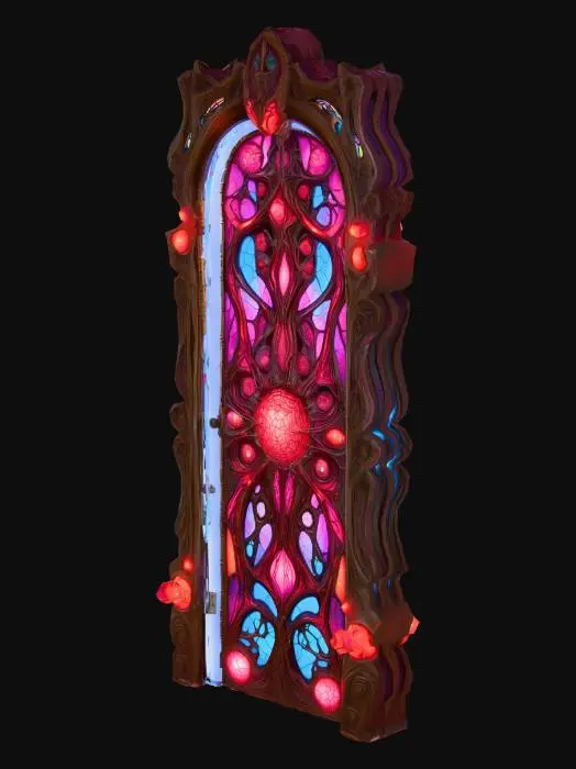 3D model for Design a  biomechanical door with organic and mechanical elements. Include glowing flesh, Red, pink, and red energy veins, pulsating lights. Add intricate carvings and textures that blend flesh and metal seamlessly all in the shapes of cob webs covering it