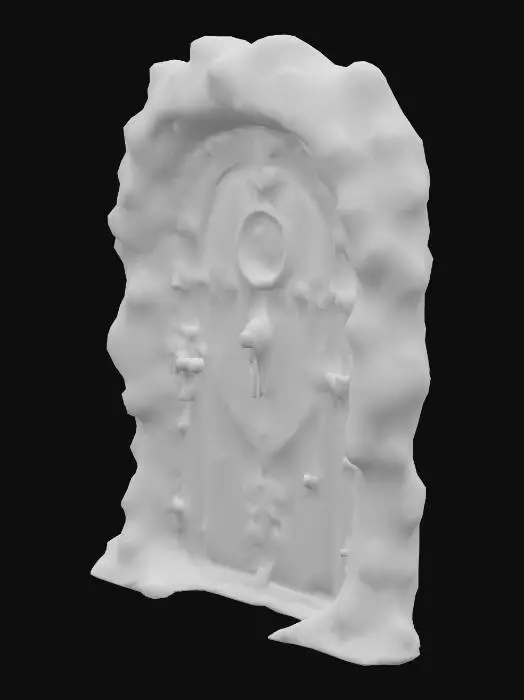 3D model for Design a  biomechanical door with organic and mechanical elements. Include glowing flesh, Red, pink, and red energy veins, pulsating lights. Add intricate carvings and textures that blend flesh and metal seamlessly all in the shapes of cob webs covering it