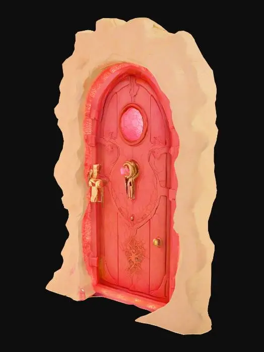 3D model for Design a  biomechanical door with organic and mechanical elements. Include glowing flesh, Red, pink, and red energy veins, pulsating lights. Add intricate carvings and textures that blend flesh and metal seamlessly all in the shapes of cob webs covering it
