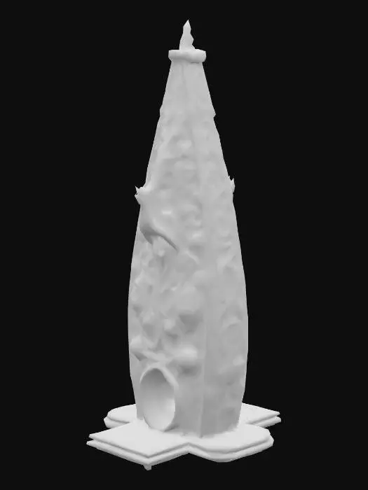 3D model for Design a very tall biomechanical TEAR shaped building fused with organic and mechanical elements. Include glowing flseh, pink, and Red energy veins, pulsating lights. Add intricate carvings and textures that blend flesh and metal seamlessly all in the shapes of spider webs and spiders covering it