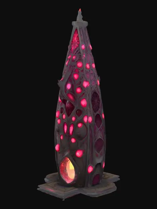 3D model for Design a very tall biomechanical TEAR shaped building fused with organic and mechanical elements. Include glowing flseh, pink, and Red energy veins, pulsating lights. Add intricate carvings and textures that blend flesh and metal seamlessly all in the shapes of spider webs and spiders covering it