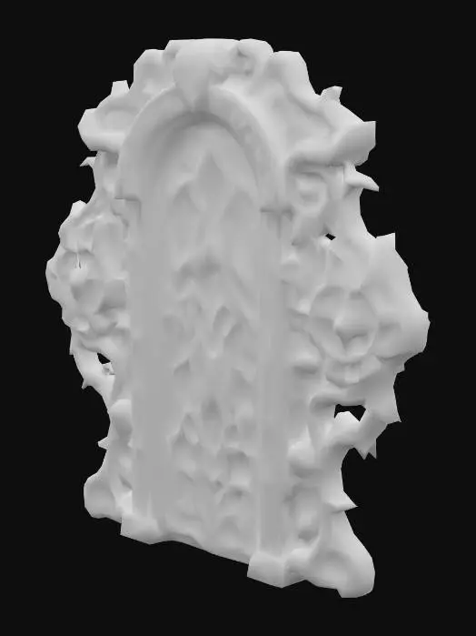 3D model for Design a  biomechanical door with organic and mechanical elements. Include glowing flesh, Red, pink, and red energy veins, pulsating lights. Add intricate carvings and textures that blend flesh and metal seamlessly all in the shapes of cob webs covering it