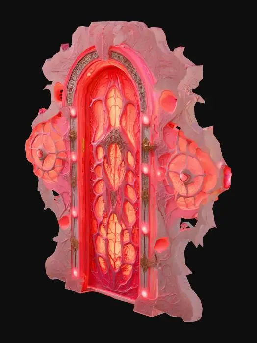 3D model for Design a  biomechanical door with organic and mechanical elements. Include glowing flesh, Red, pink, and red energy veins, pulsating lights. Add intricate carvings and textures that blend flesh and metal seamlessly all in the shapes of cob webs covering it