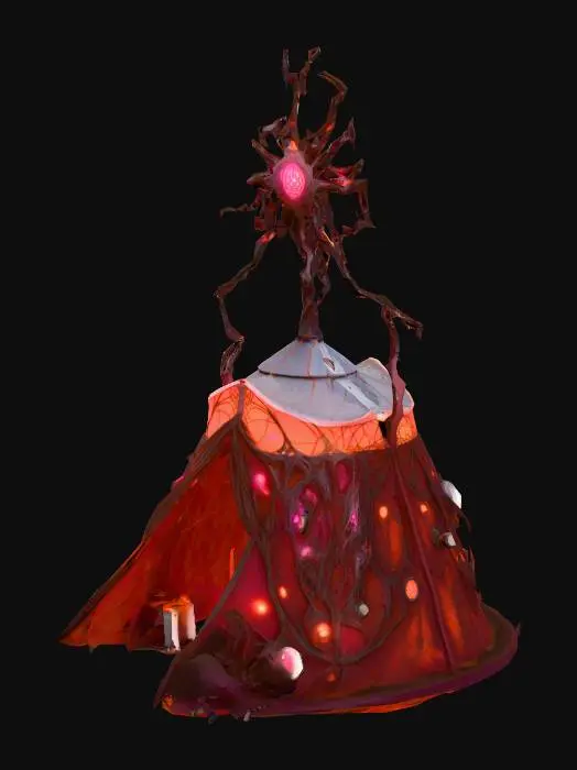3D model for Design a biomechanical DROW style outdoor camping tent, with organic and mechanical elements. Include glowing red, pink, and orange energy veins, pulsating lights. Add intricate carvings and textures that blend flesh and metal seamlessly all in the shapes of cob webs covering it