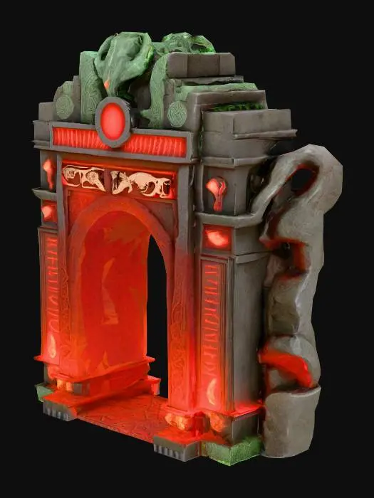 3D model for #arch#, Design a highly detailed Stone Ancient seaweed covered mystical gateway arch combining Aztec, Sumerian and Cthuhlean Designs, odd violet cuniform like glowing runes adorn its curved archway, Game Asset, Horror