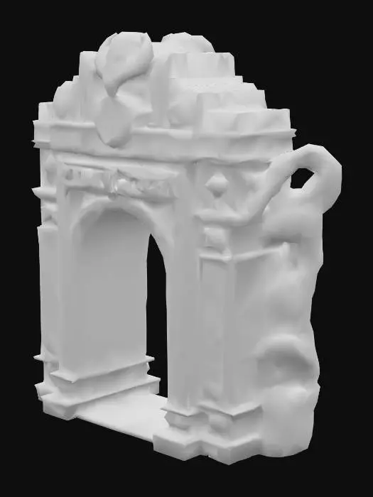 3D model for #arch#, Design a highly detailed Stone Ancient seaweed covered mystical gateway arch combining Aztec, Sumerian and Cthuhlean Designs, odd violet cuniform like glowing runes adorn its curved archway, Game Asset, Horror