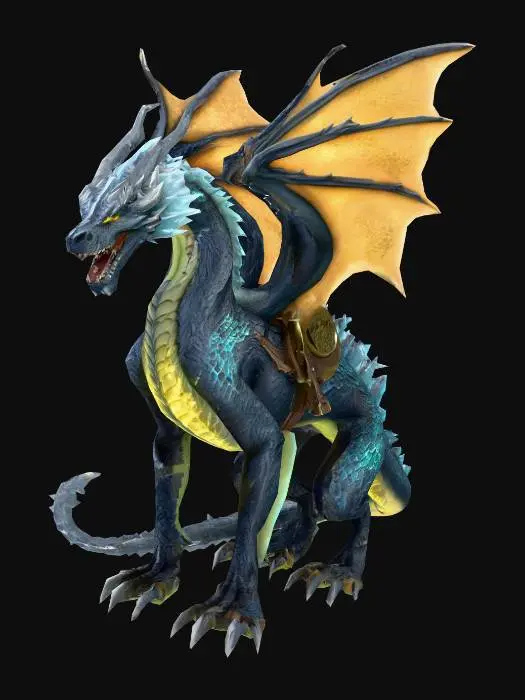 3D model for Create a ferocious dragon mount, its obsidian scales cracked with glowing frosted veins, releasing freeze waves. Spiked tail and frozen wings give a menacing look. A reinforced bone saddle, plated with brass runes, secures the rider on its back. Render in high-detail 8K textures, showing glowing ice, scale details, and intricate saddle craftsmanship. The perfect ice-born companion for high-fantasy epic battles. Unreal Engine game-ready, award-winning, trending on ArtStation, Masterpiece