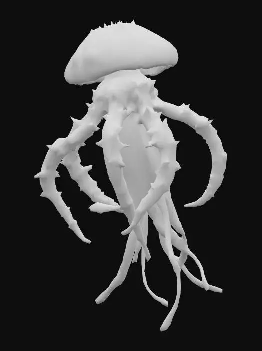 3D model for Create a jellyfish-like creature who has runes all over its body, spikes on 4 of his arms (Has six arms), they can also create a deadly toxin.