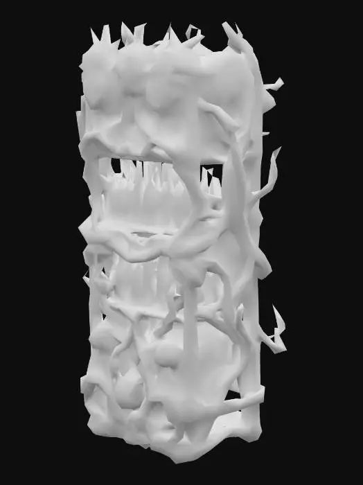 3D model for Design a  biomechanical wine rack full of bottles of wine, with organic and mechanical elements. Include glowing fleshy, pink, and red energy veins, pulsating lights. Add intricate carvings and textures that blend flesh and metal seamlessly all in the shapes of cob webs covering it