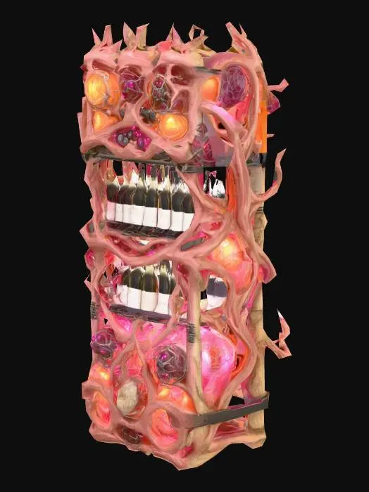 3D model for Design a  biomechanical wine rack full of bottles of wine, with organic and mechanical elements. Include glowing fleshy, pink, and red energy veins, pulsating lights. Add intricate carvings and textures that blend flesh and metal seamlessly all in the shapes of cob webs covering it