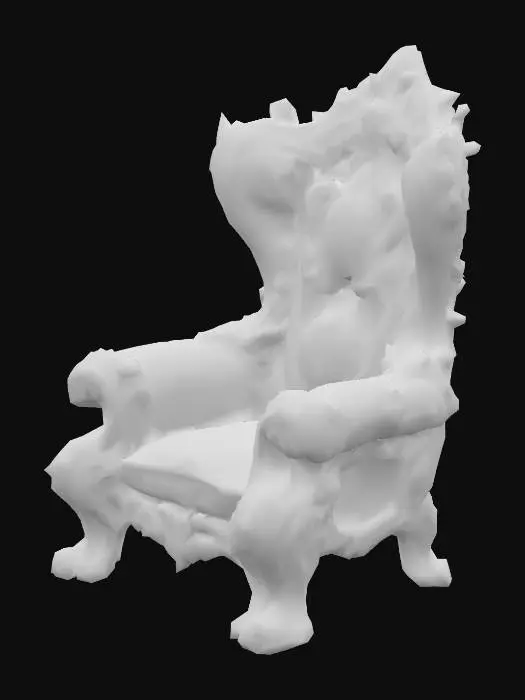 3D model for Design a chair with organic and plant like elements. Include glowing green, pink, and red energy veins, pulsating lights. Add intricate carvings and textures that blend flesh and metal seamlessly all in the shapes of cob webs covering it