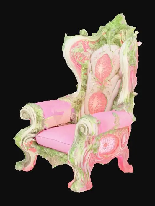 3D model for Design a chair with organic and plant like elements. Include glowing green, pink, and red energy veins, pulsating lights. Add intricate carvings and textures that blend flesh and metal seamlessly all in the shapes of cob webs covering it