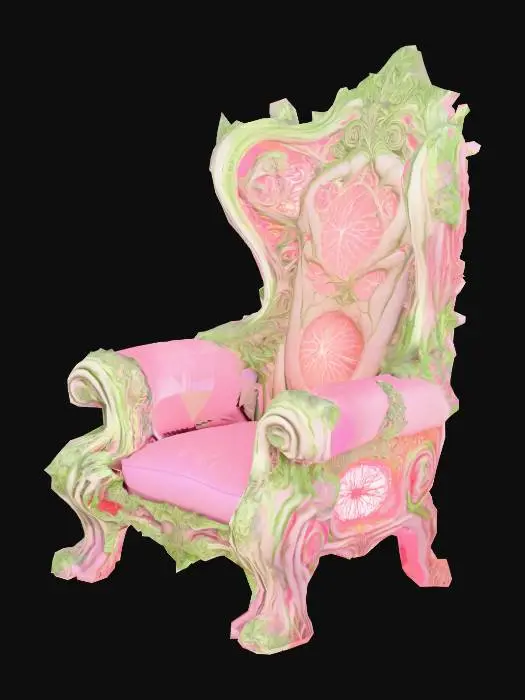 3D model for Design a chair with organic and plant like elements. Include glowing green, pink, and red energy veins, pulsating lights. Add intricate carvings and textures that blend flesh and metal seamlessly all in the shapes of cob webs covering it