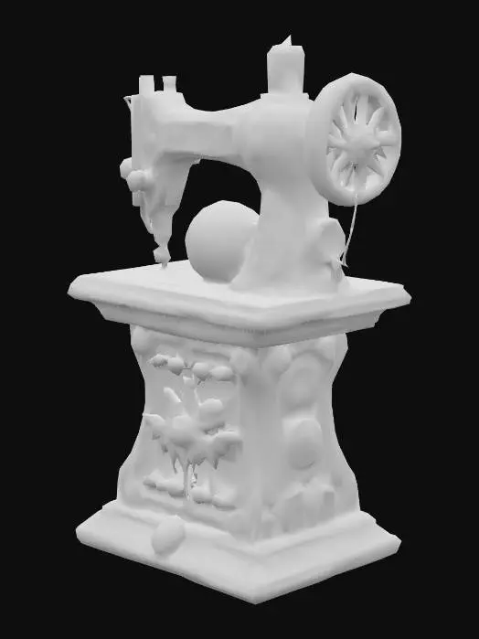 3D model for A mystical sewing machine inspired by Inca craftsmanship. The base is an altar-like pedestal made of black wood and stone, adorned with silver engravings of celestial symbols and constellations. The machine body features a glowing crystal orb on top, surrounded by intricate carvings of condors and llamas. A golden thread reel and silver needles sit prominently, while decorative accents include engraved patterns and a faint light emanating from within. The machine has a magical, ancient aura.