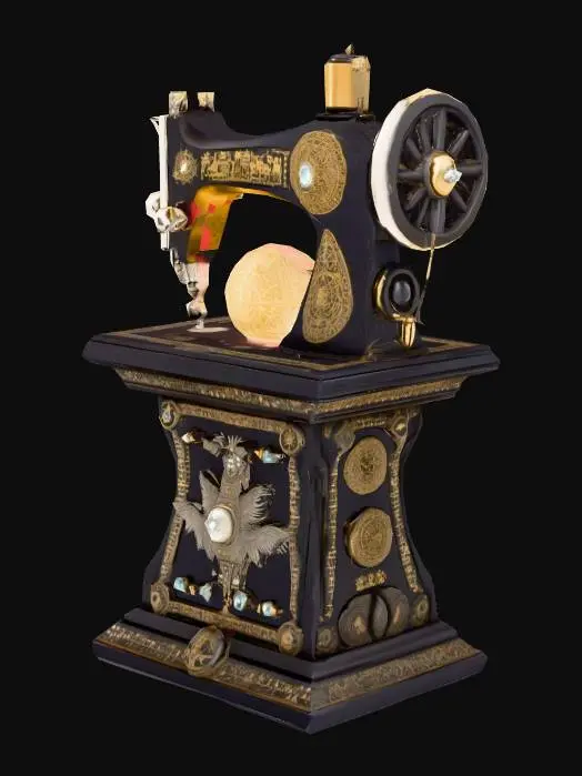 3D model for A mystical sewing machine inspired by Inca craftsmanship. The base is an altar-like pedestal made of black wood and stone, adorned with silver engravings of celestial symbols and constellations. The machine body features a glowing crystal orb on top, surrounded by intricate carvings of condors and llamas. A golden thread reel and silver needles sit prominently, while decorative accents include engraved patterns and a faint light emanating from within. The machine has a magical, ancient aura.